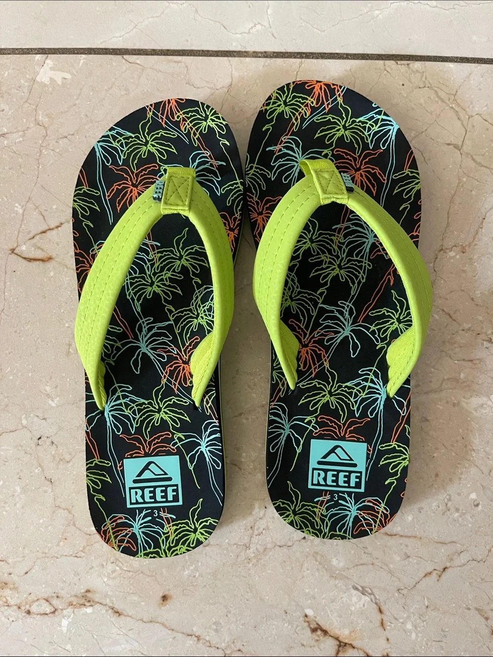 Reef Kids Ahi Sandals Neon Palm Size [3] Girls Boys Flip Flops